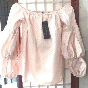Petersyn Lily Off Shoulder Pink Metallic Stripe Long Puff Sleeve Paramount Sz L